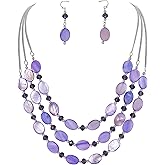 Firstmeet 3-Layer Mother of Pearl Beads Necklace with Earrings Oval Beads Pendant Jewelry for Women