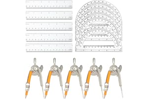 MOTOTO 20 Pieces Geometry Math Set Compass for Geometry Math Compass and Protractor Set Include Metal Compass with Pencil Plastic Ruler and Protractor for Student School Office Woodworking Drawing Tools