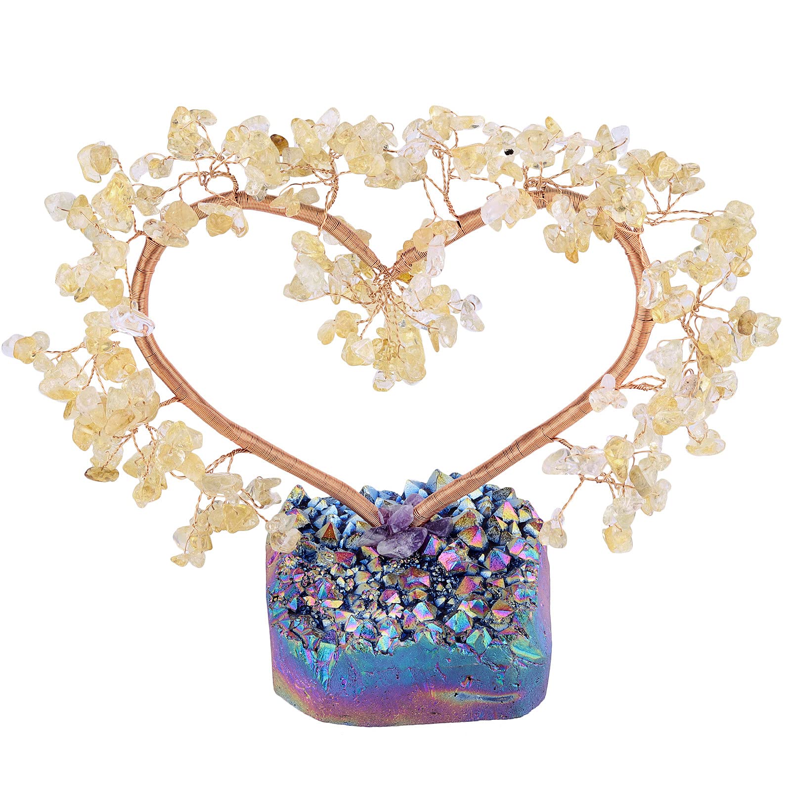 mookaitedecor Citrine Crystal Money Tree Love Heart Crystal Bonsai Tree with Rainbow Aura Quartz Base Yellow Crystal Tree of Life Healing Crystal Gifts, Love Heart Home Decor Wedding Love Ornament