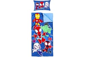 Jay Franco Kids Slumber Bag and Pillow - 54 x 27 Inch Comfy Indoor Sleeping Bag for School and Sleepovers, 2 Piece Set, Blue - Spidey & His Amazing Friends