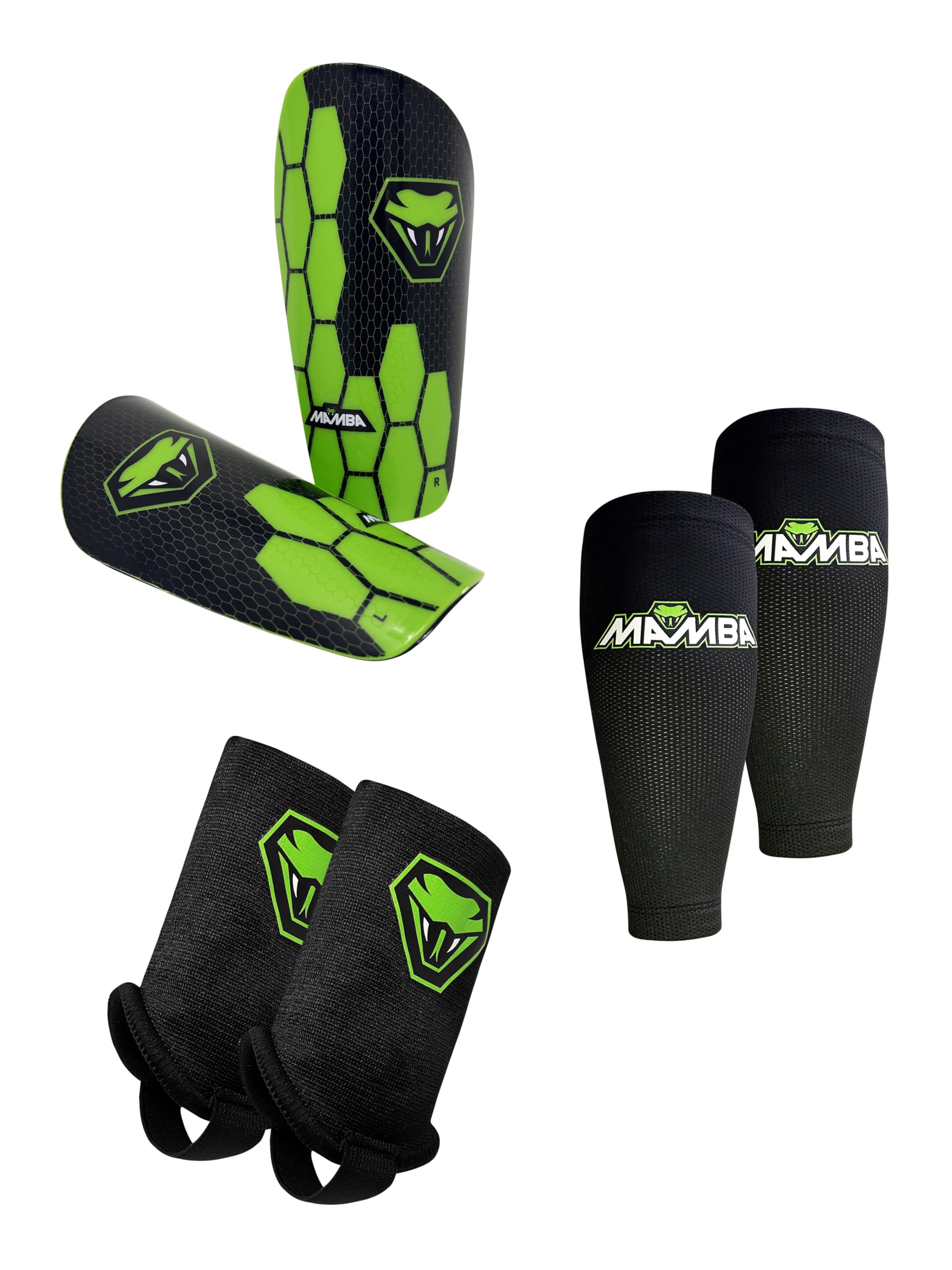 MAMBA Ultimate Shin Guard Bundle, 3 in 1 | Football Shin Pads, Ankle Guards & Compression Sleeves, Flexibility & Protection | Kids/Adults | Unique British Design (S)