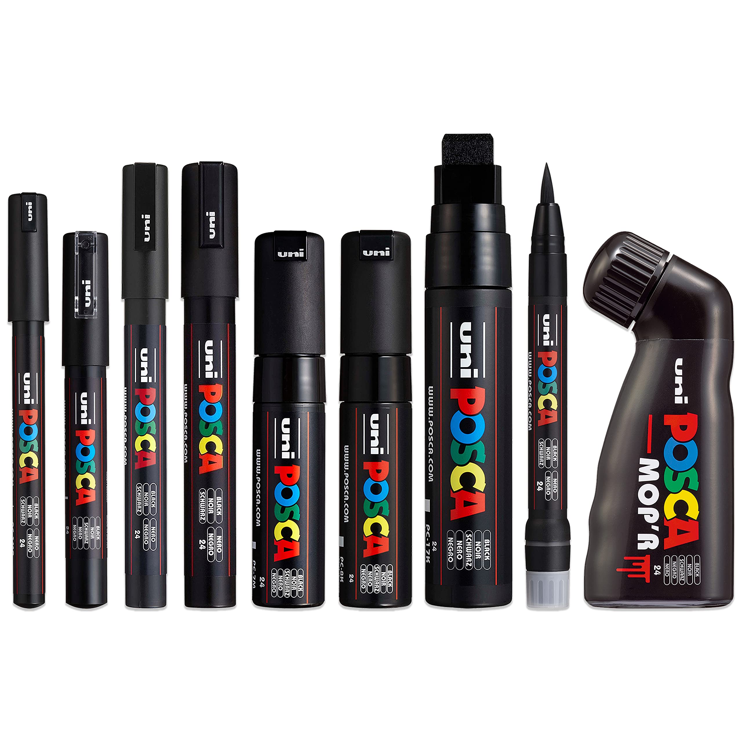 Posca Water Based Permanent Marker Paint Pen - Multi Surface Use - MOP'R, PCF-350, PC-17K, PC-8K, PC-7M, PC-5M, PC-3M, PC-1M, PC-1MR (Black Set of 9)