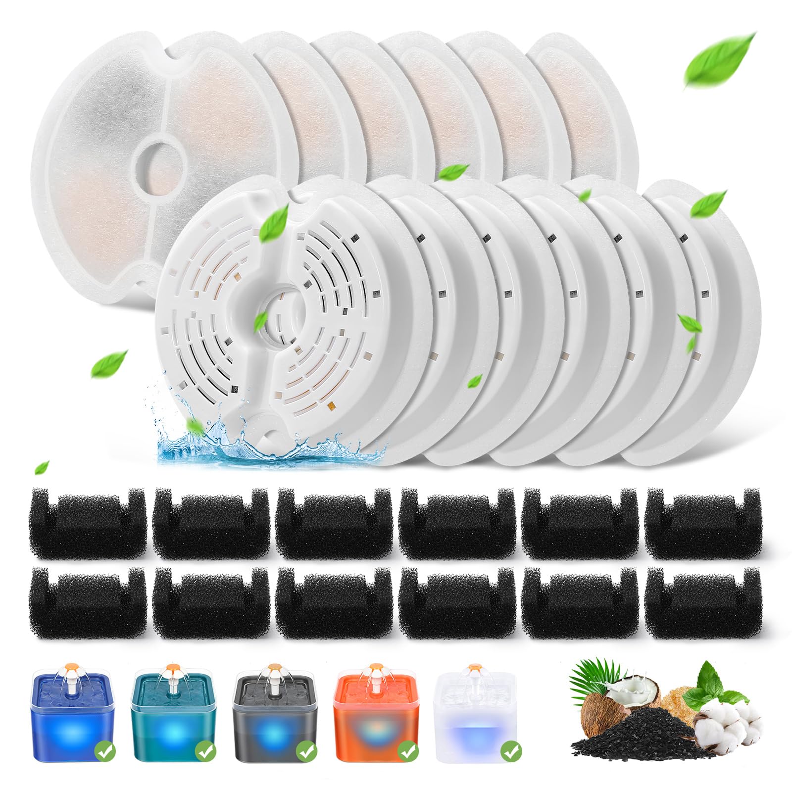 12 Packs Cat Water Fountain Filters for Ultra Silent Cat Fountain 67oz/2L with LED Night Light, Triple Filtration System Activated Carbon Filter with Pre-Filter Sponges for Pet Water Fountain