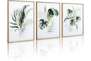 ArtbyHannah Framed Bathroom Canvas Wall Art, Botanical Wall Decor with Green Plant Print for Living Room (12x16 Inch, 3pack)