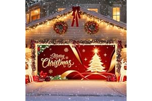 IVN Merry Christmas Garage Door Cover Decoration 13x6ft Golden Ribbon Tree on Red Holiday Christmas Banner Home Garage Door Front Yard Decor for Xmas Eve Winter Scene Holiday Outdoor Background
