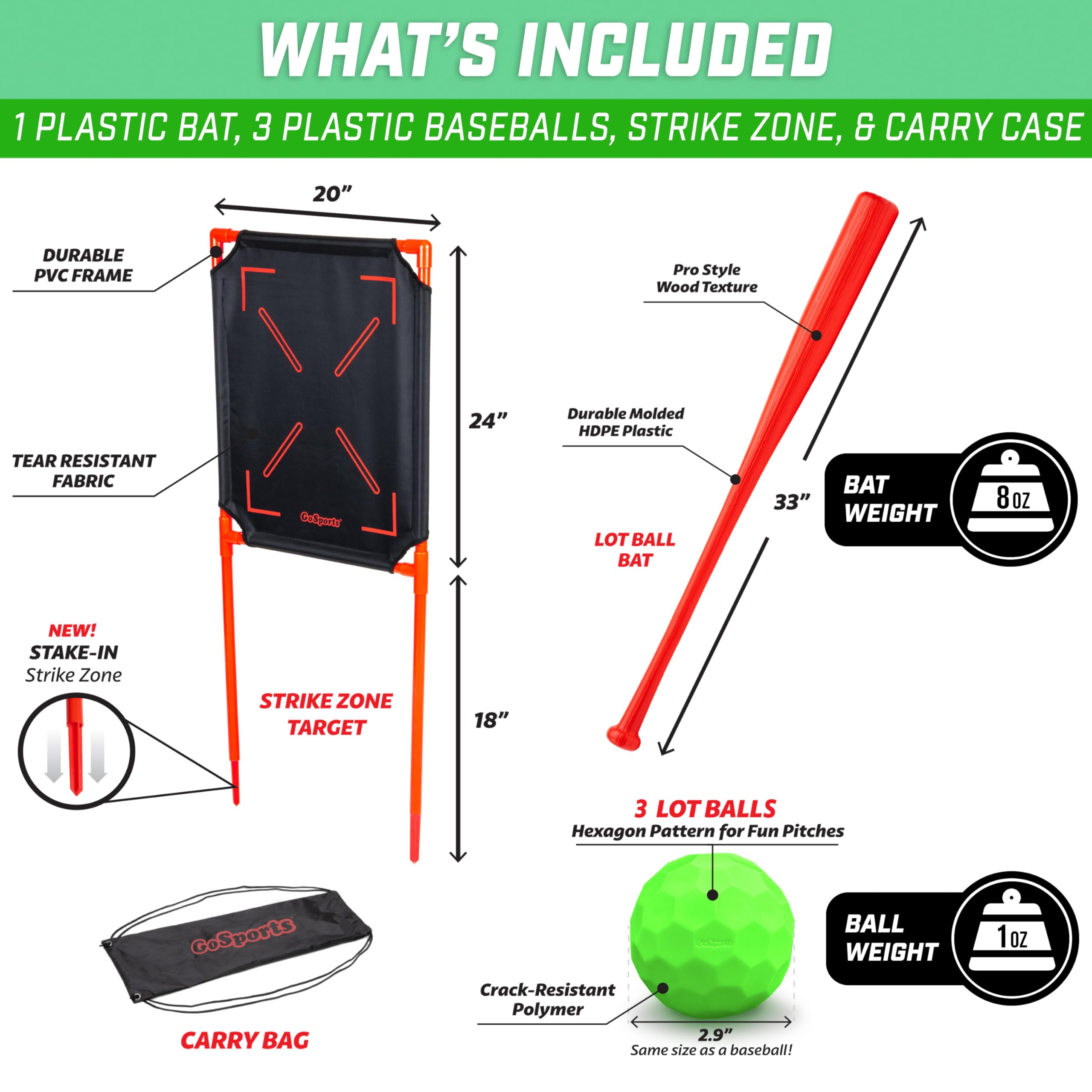 GoSports LotBall Backyard Baseball Bat, Ball and Strike Zone Set - Plastic Baseball Game for Kids