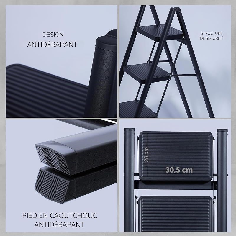 Escabeau Pliable 4 Marches, Échelle de Sécurité avec Pieds Antidérapants, Tabouret de Step Idéal pour Maison, Cuisine, Bureau, Ladders Design Compact et Durable (Noir, 4 Marches)