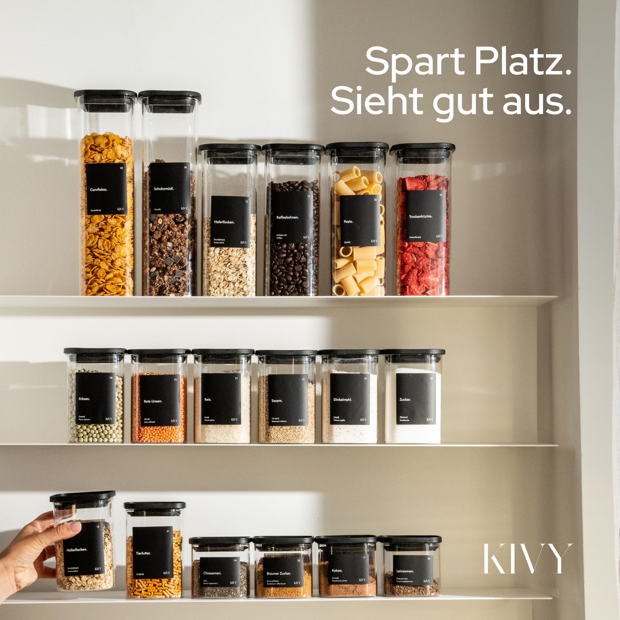KIVY Vorratsgläser eckig [12er Set] + Etiketten - Stapelbare & Luftdichte Aufbewahrungsgläser mit Deckel - Schwarze Vorratsgläser mit Deckel Luftdicht - Vorratsdosen Glas Aufbewahrung 2