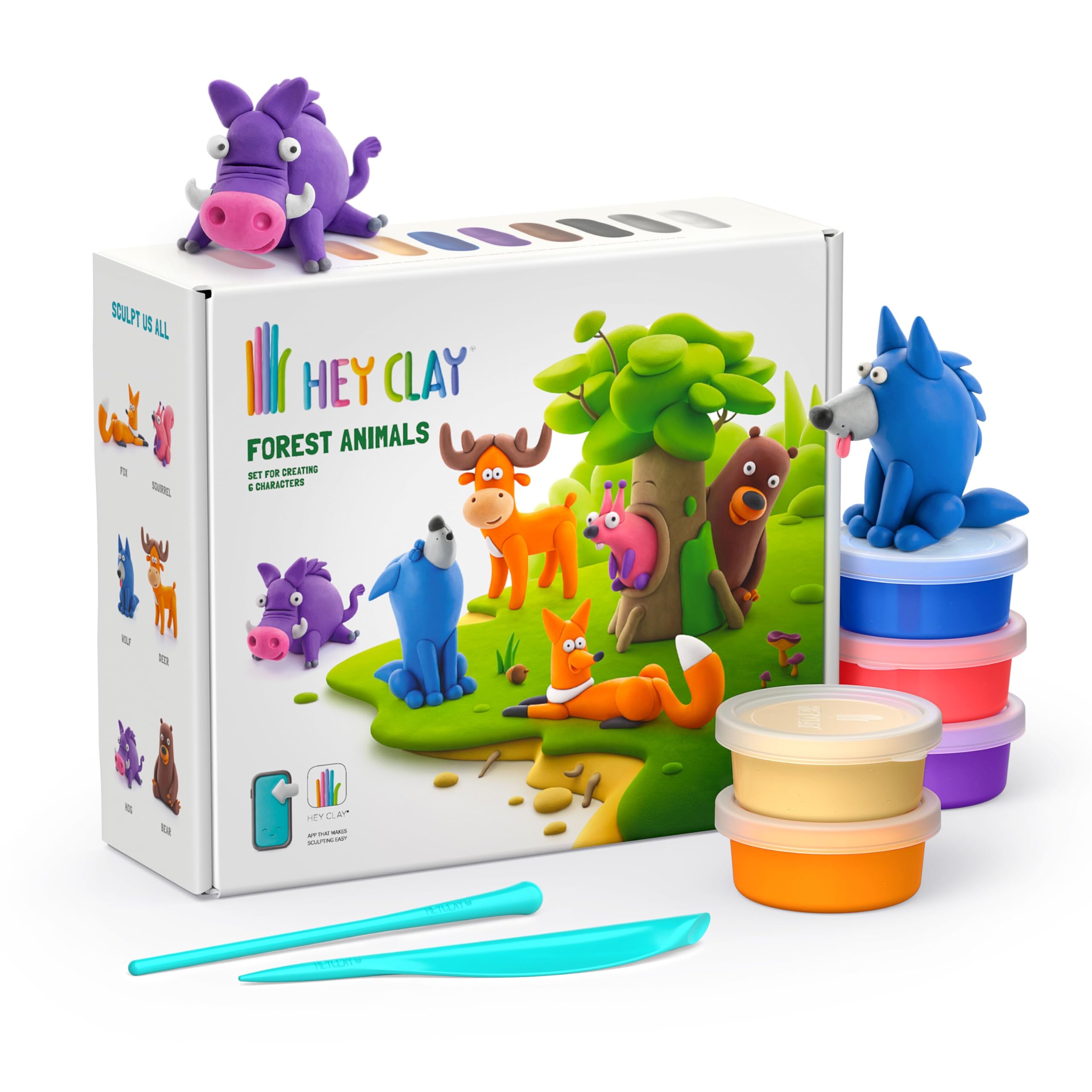 Hey Clay Forest Animals Set - Colourful Modeling Kids - Air Dry Clay Kit 15 cans and Sculpting Tools with Fun Interactive Instructions App
