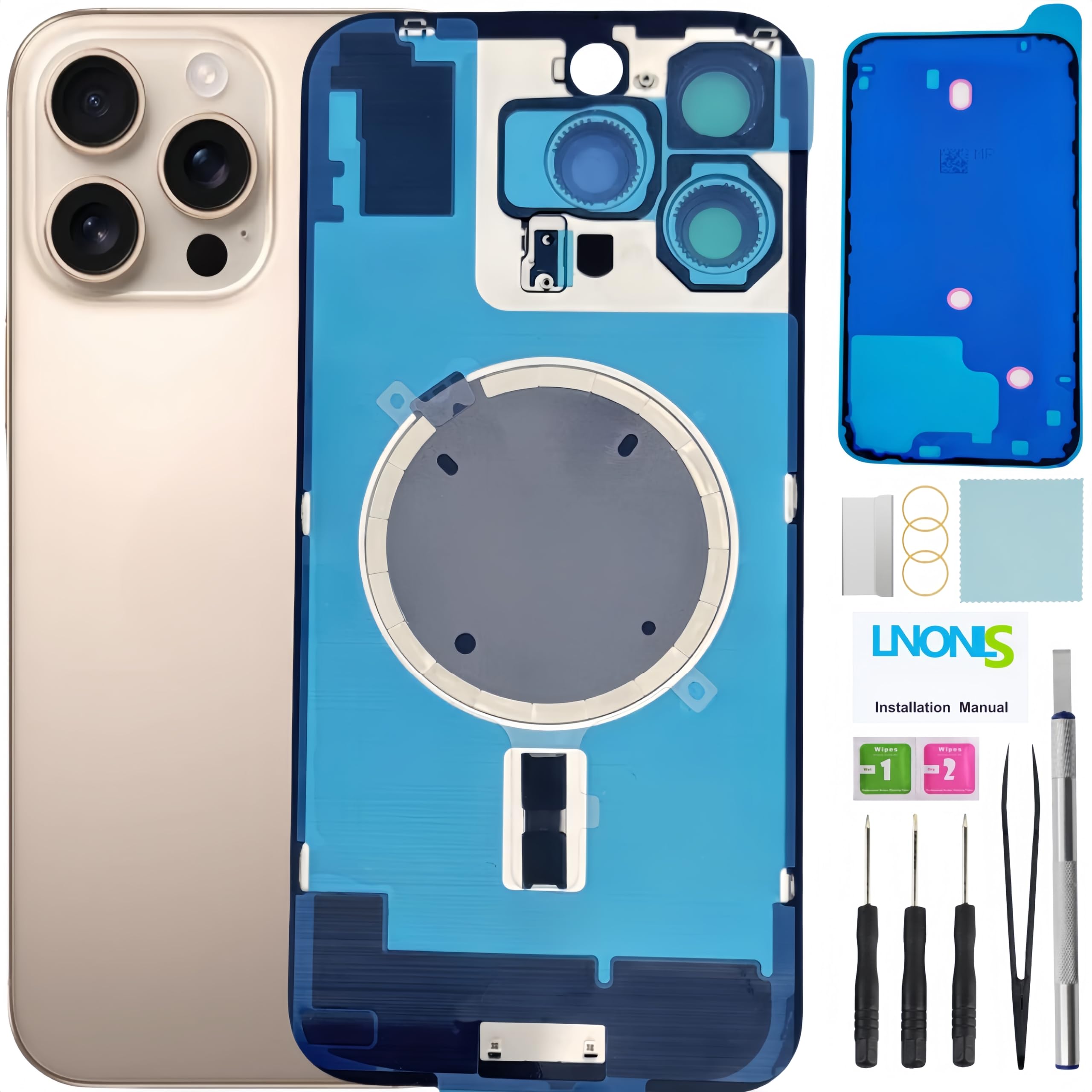 Photo 1 of LNONLS 16 Pro Max Back Glass Replacement for iPhone 16 Pro Max Rear Back Cover Glass Waterproof and Camera Lens+Professional Repair Tool Kit (Desert Titanium)