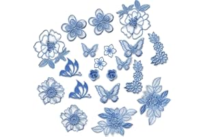 MIMALEXIN 20PCS Blue Flower Lace Embroidered Appliques, 3D Butterfly Lace Applique Patches, Sew On Badge for Women Clothing Repairing Jeans Sweater Wedding Dress Bags DIY Craft Sewing Decoration