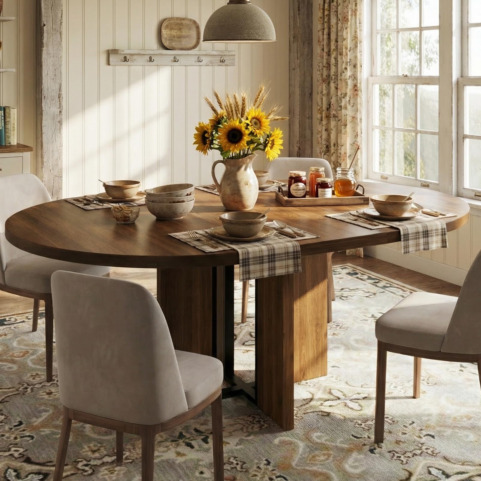 Photo 1 of **PARTS ONLY***Garvee 47"-63" Extendable Round Dining Room Table for 4-8, Farmhouse Wooden Expandable Kitchen Table w/Wider Leg, Sturdy Metal Support, Oval Circle, for Dinner, Kitchen, Apartment, Space Save, Walnut