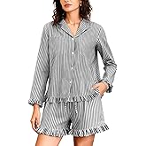 Flygo Womens Striped Pajama Sets 2 Piece Cotton Long Sleeve Tops and Pj Shorts Sets Casual Lounge Button Down Cozy Sleepwear