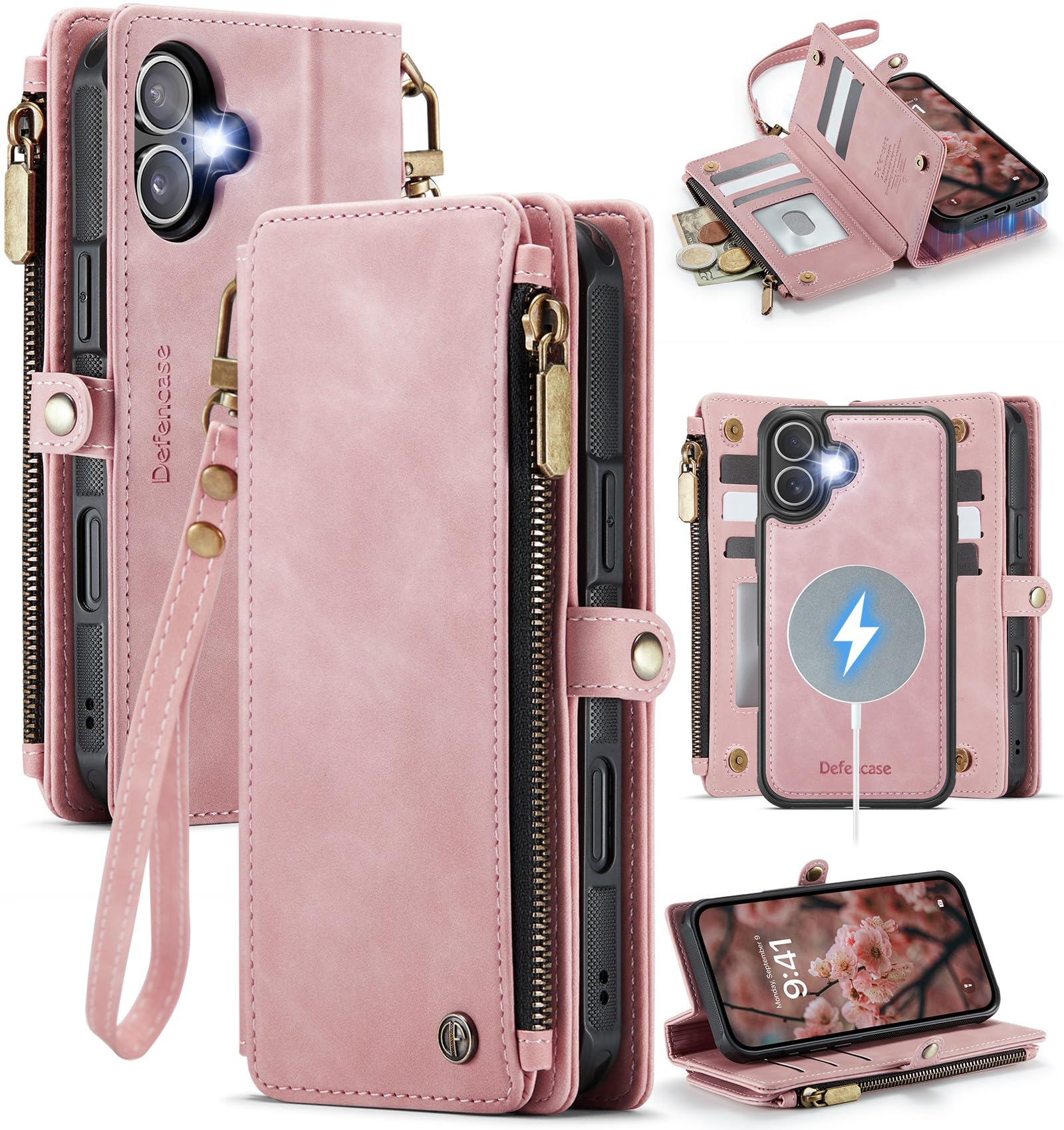 Photo 1 of Defencase for iPhone 16 Magnetic Wallet Case Compatible with Magsafe with RFID Blocking Zipper Pocket & Card Holder for Women Men PU Leather Strap Detachable Case for iPhone 16 (6.1 inch), Rose Pink