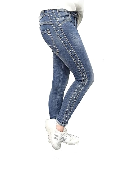 Jewelly by Lexxury Baggy Boyfriend Damen Stretch Hose Galon Streifen Nieten