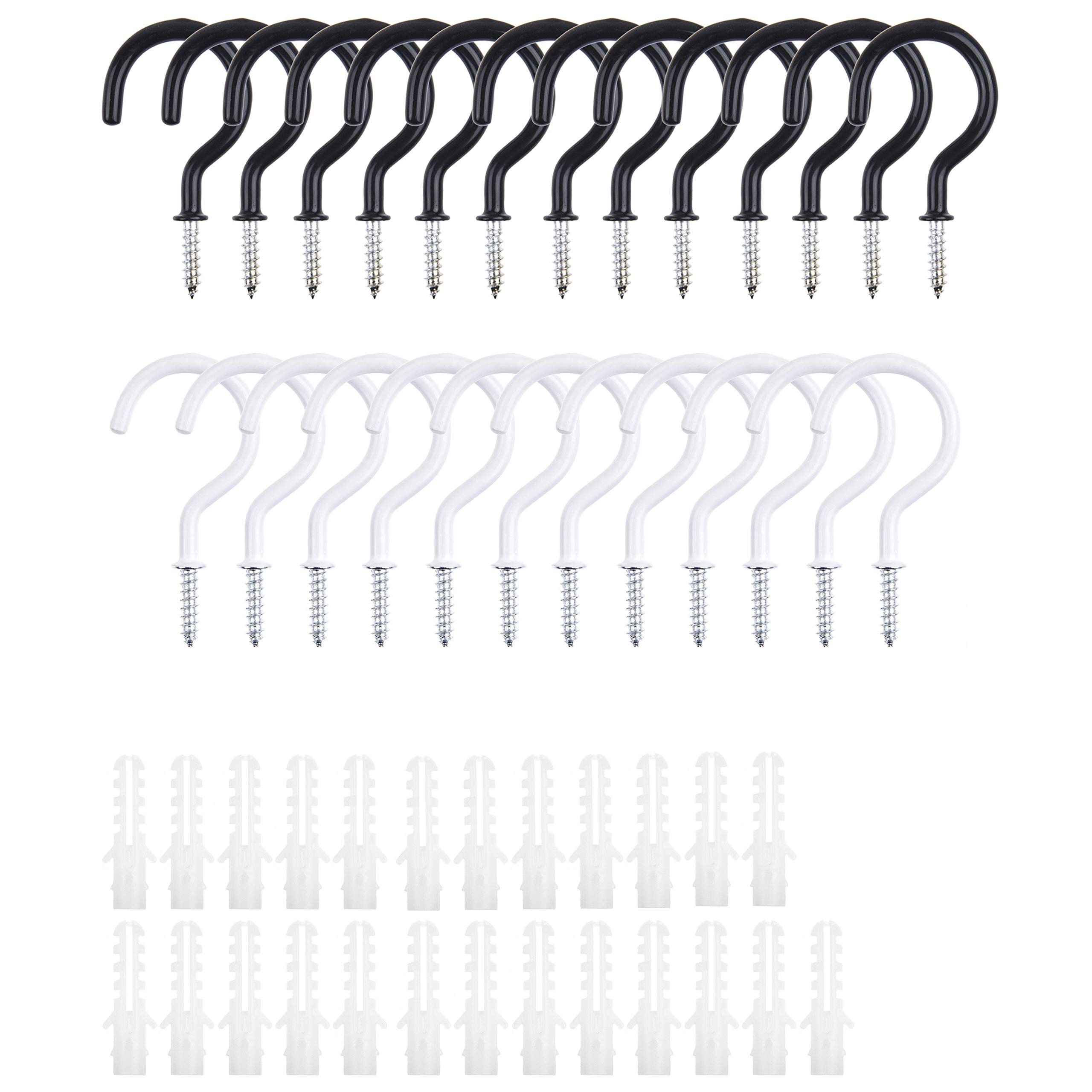 Kare & Kind Ceiling Hooks 25 pcs - Rubber Coated - Includes 13x Black Ceiling Hooks, 12x White Ceiling Hooks, 25x White Plastic Anchors - for Indoor and Outdoor Use - Hang Different Types of Items