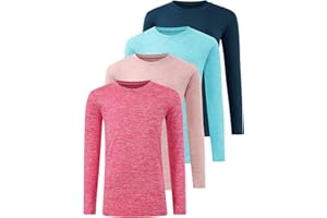 Ullnoy 4-Pack Girls Long Sleeve Shirts Dry Fit Breathable Athletic Crew Neck Tops for Kids Teens, Workout Training Activewea