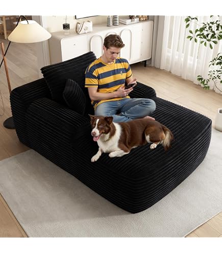 Oversized Chaise Lounge Chair - 45" Boneless Design, Corduroy Fabric, No Assembly Required, With 3 Pillows (Black)