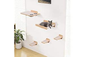 PATHOSIO PETS Space-Saving Cat Wall Shelves – Interactive Cat Wall Climber with Hammock & Dog Proof Feeding Station for All Indoor Breeds – Solid Natural Wood with Beige Carpet