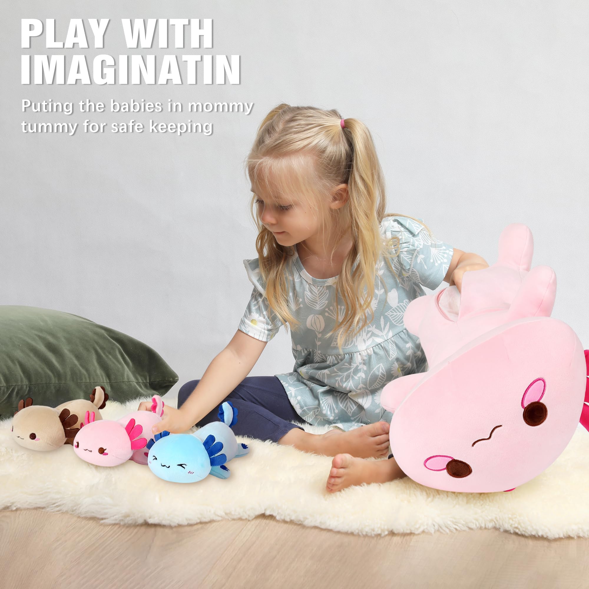 shownicer Plüschtier Axolotl Kuscheltier Stofftier Kawaii Plüsch, Mama & 3 Babys Plüschkissen Spielzeug, Kissen Puppe, Wurfkissen Schmusetier Geschenk für Kinder Mädchen Jungen 4