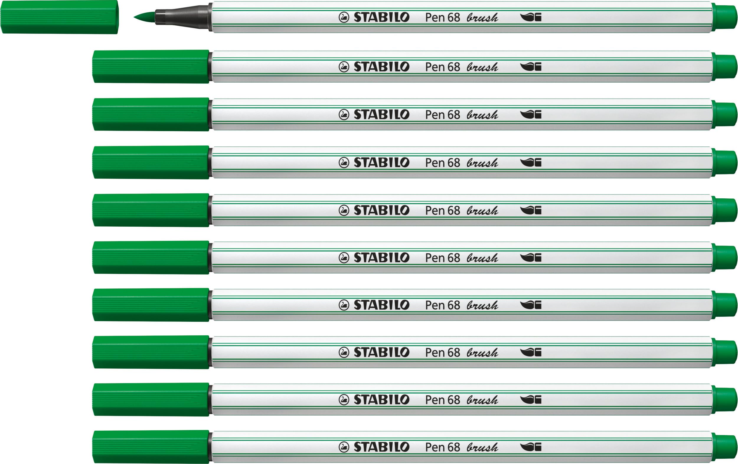 STABILO Pen 68 brush - Premium Fibre-Tip Pen with Brush Tip - Pack of 10 - Green