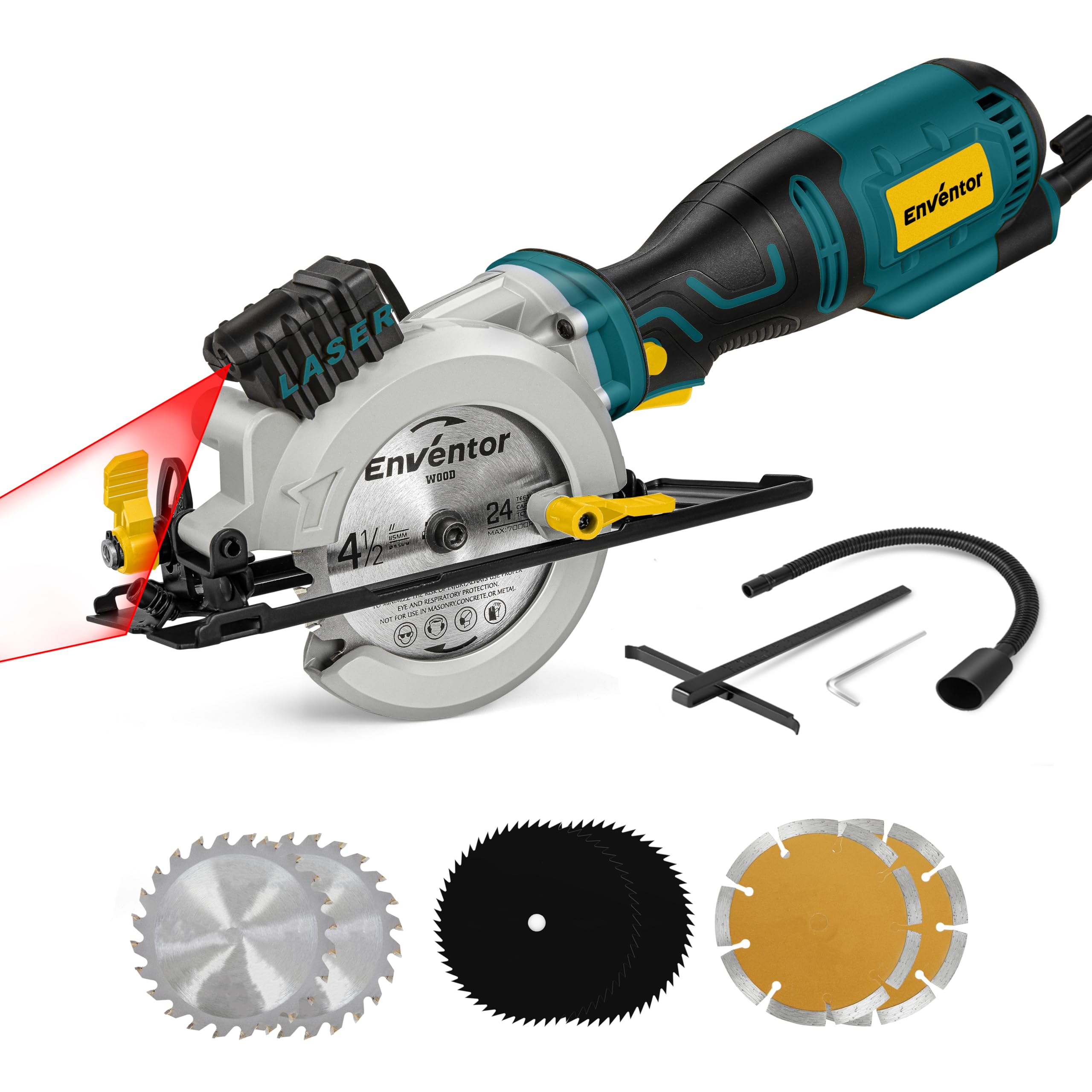 Photo 1 of Enventor Mini Circular Saw, 5.8A 4-1/2" Electric Circular Saws with 6 Saw Blades, Laser Guide, Max Cutting Depth 1-11/16"(90°), 1-1/8"(45°) for Soft Metal, Wood, Tile, Drywall, Plastic Cutting