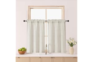 Gwine Natural Kitchen Curtains 36 Inch Length 2 Panels, Light Filtering Textured Short Half Window Cafe Curtains, Modern Soft Small Window Drapes for Bathroom Basement Bedroom, 30Wx36L inch, 2PCS