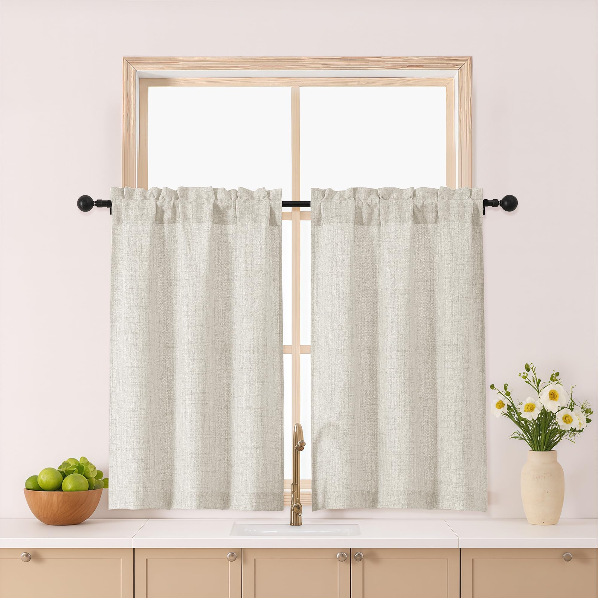 Photo 1 of Gwine Natural Kitchen Curtains 36 Inch Length 2 Panels, Light Filtering Textured Short Half Window Cafe Curtains, Modern Soft Small Window Drapes for Bathroom Basement Bedroom, 30Wx36L inch, 2PCS