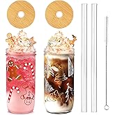 ANOTION Christmas Cups - 24oz Colored Mason Jars with Lid and Straw - Coffee Mugs and Tumbler - Xmas Decorations and Gifts