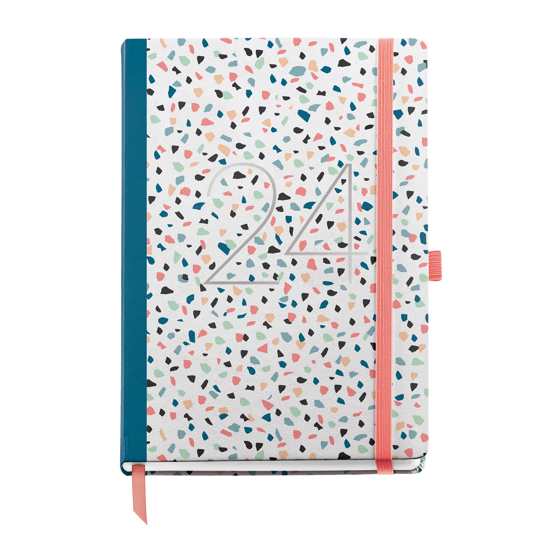 Miquelrius - Annual Diary 2024, Week to View, Plus Size 155 x 213 mm (similar A5), Hard Cover, Stitched Binding, Elastic Closure, Spanish, English and Portuguese, Terrazzo with Stamping Silver