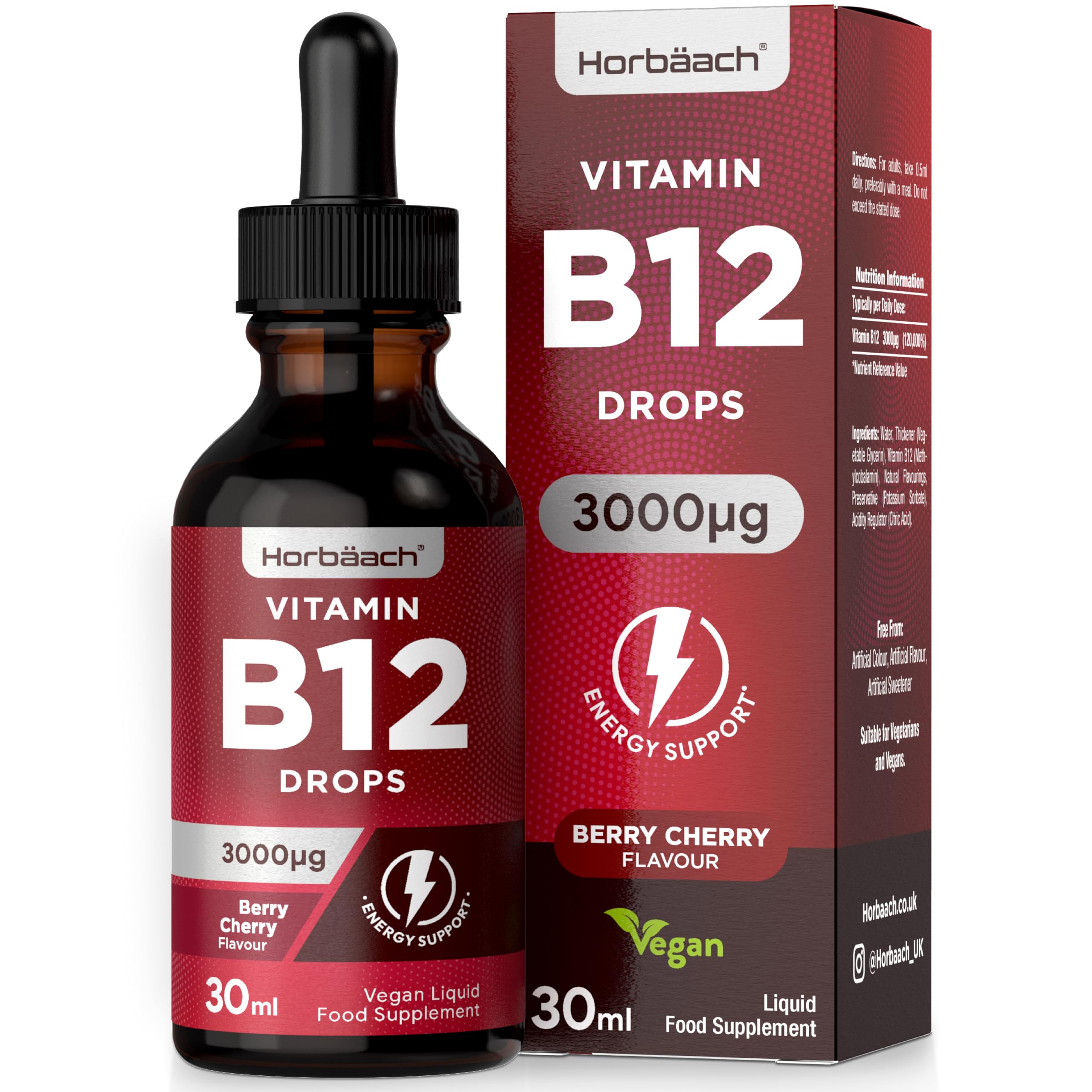 Vitamin B12 Drops for Adults 3000mcg | Methylcobalamin Liquid | High Strength Spray Alternative| Suitable for Vegans | Berry Cherry Flavour | by Horbaach