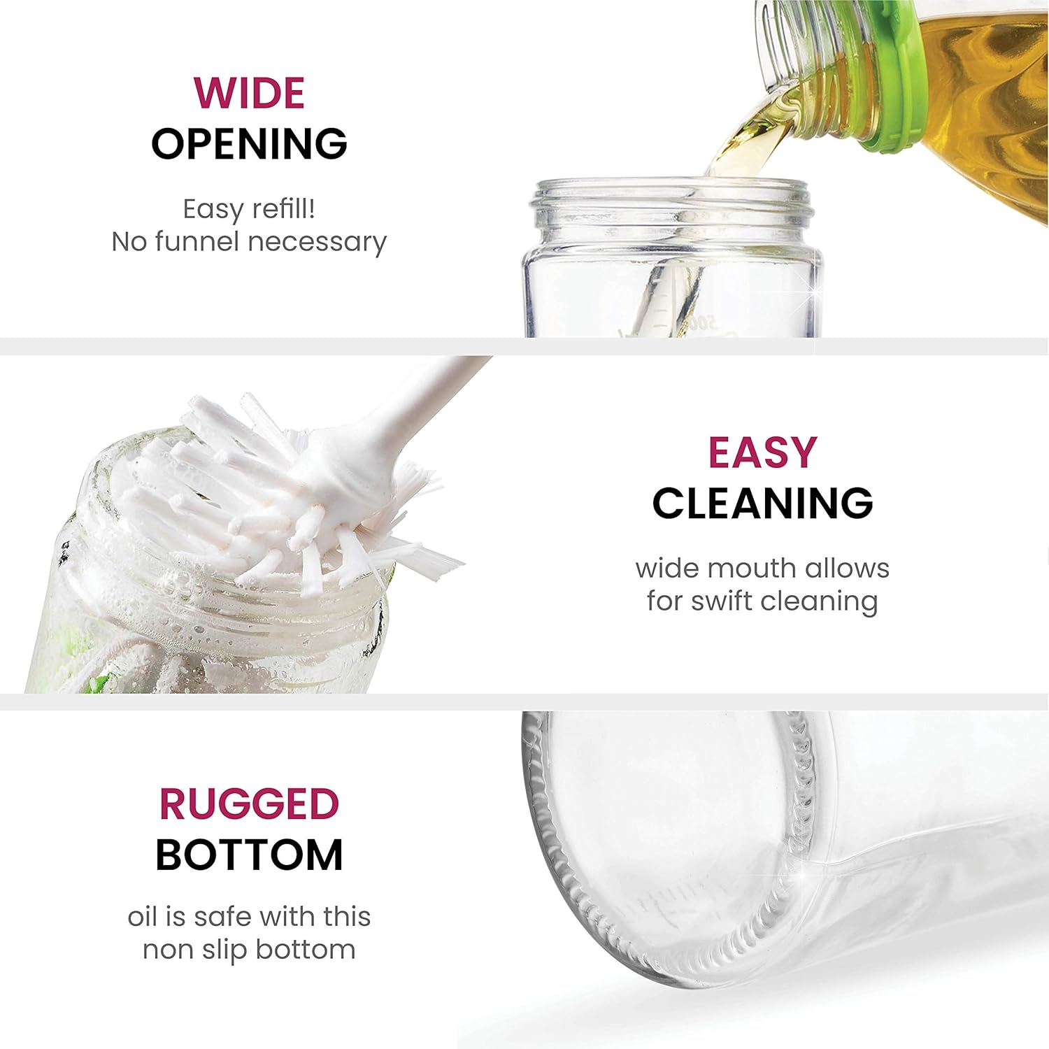 Superior Glass Oil and Vinegar Dispenser, (set of 2) Modern Olive Oil Dispenser, Wide Opening for Easy Refill and Cleaning, Clear Lead Free Glass Oil Bottle, Pouring Spouts, 18 Oz. Cruet Set: Home Improvement