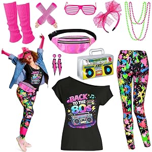 FJHAIY 80s Outfit for Women Neon Womens 80s Outfit Set Shirt Neon Leggings Radio 1980s Outfits for Women Cruise Party