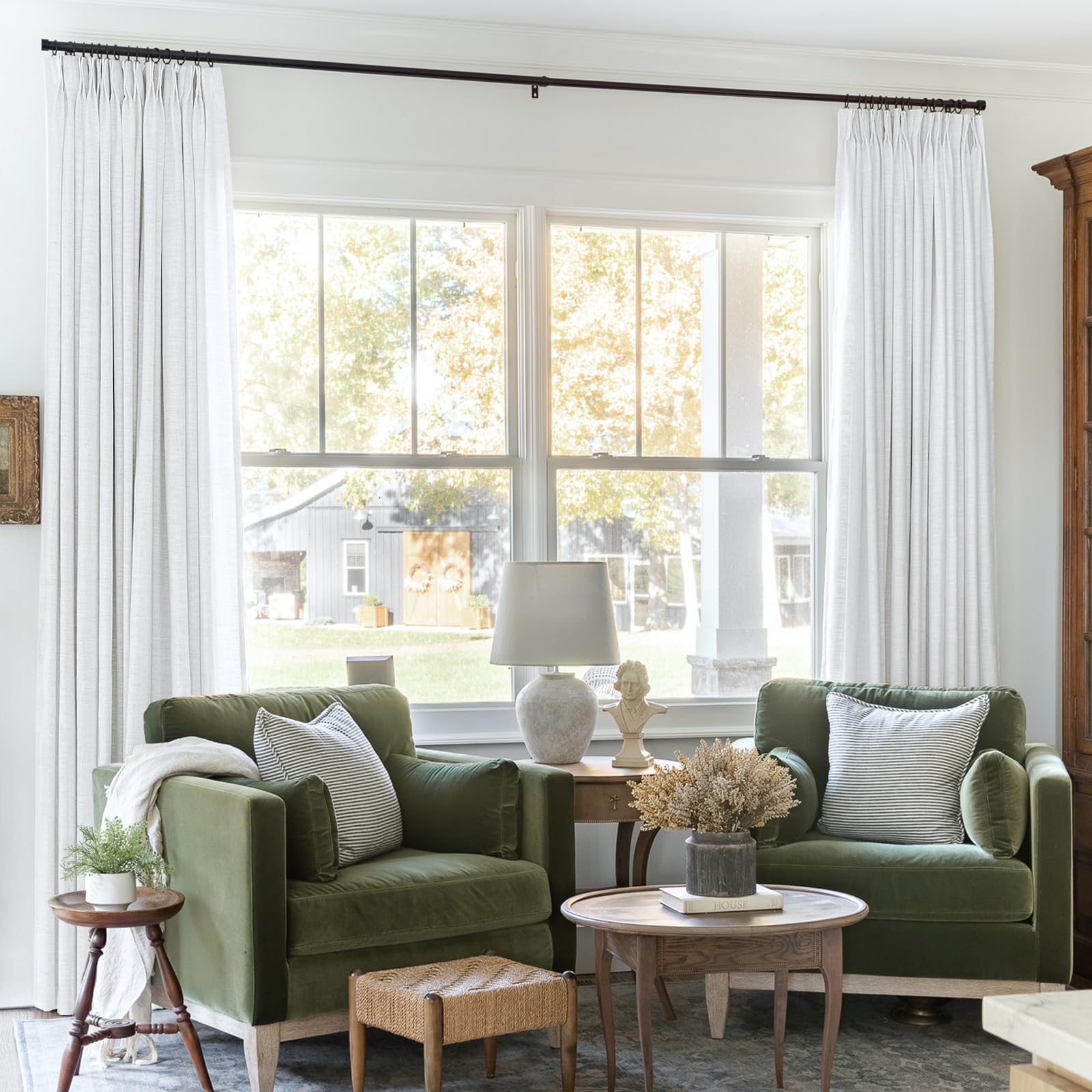 TWOPAGES 52 W x 108 L inch Pinch Pleated Light Filtering Curtain Linen Textured Unlined Drapes for Living Room Bedroom Indoor Window and Door,(1 Panel),Snow White Image