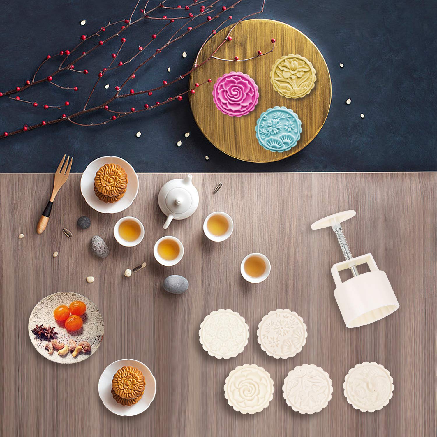 Mooncake Mold Cookie Stamps 125g, Mid-Autumn Festival Hand Pressure Moon Cake Maker DIY Dessert Mold