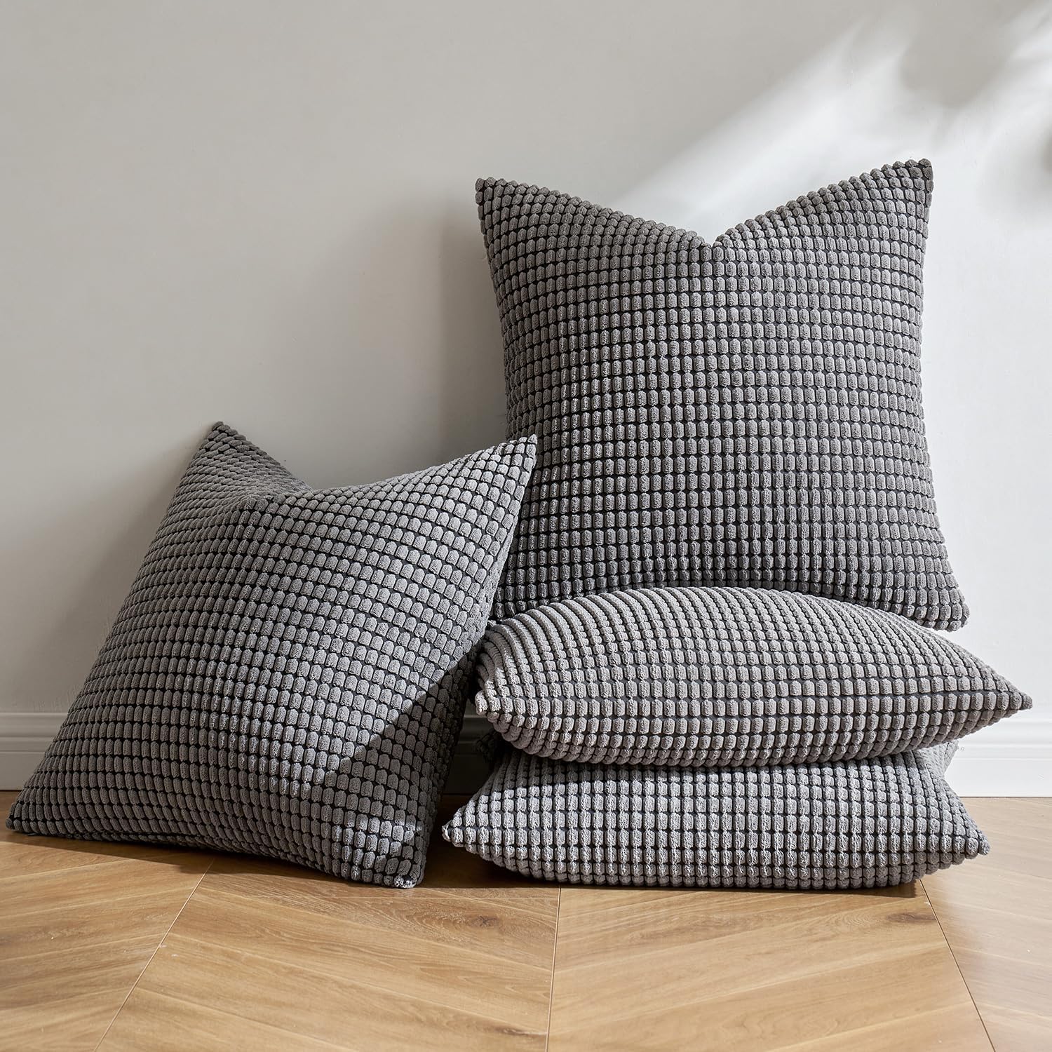 MIULEE Cushion Covers Striped Corduroy Fabric Square Throw Pillow Cover Decorative Pillowcases with Invisible Zipper for Sofa Chair Couch Bedroom 18x18 inch 45x45 cm 4 Pieces Dark Grey โ image 1
