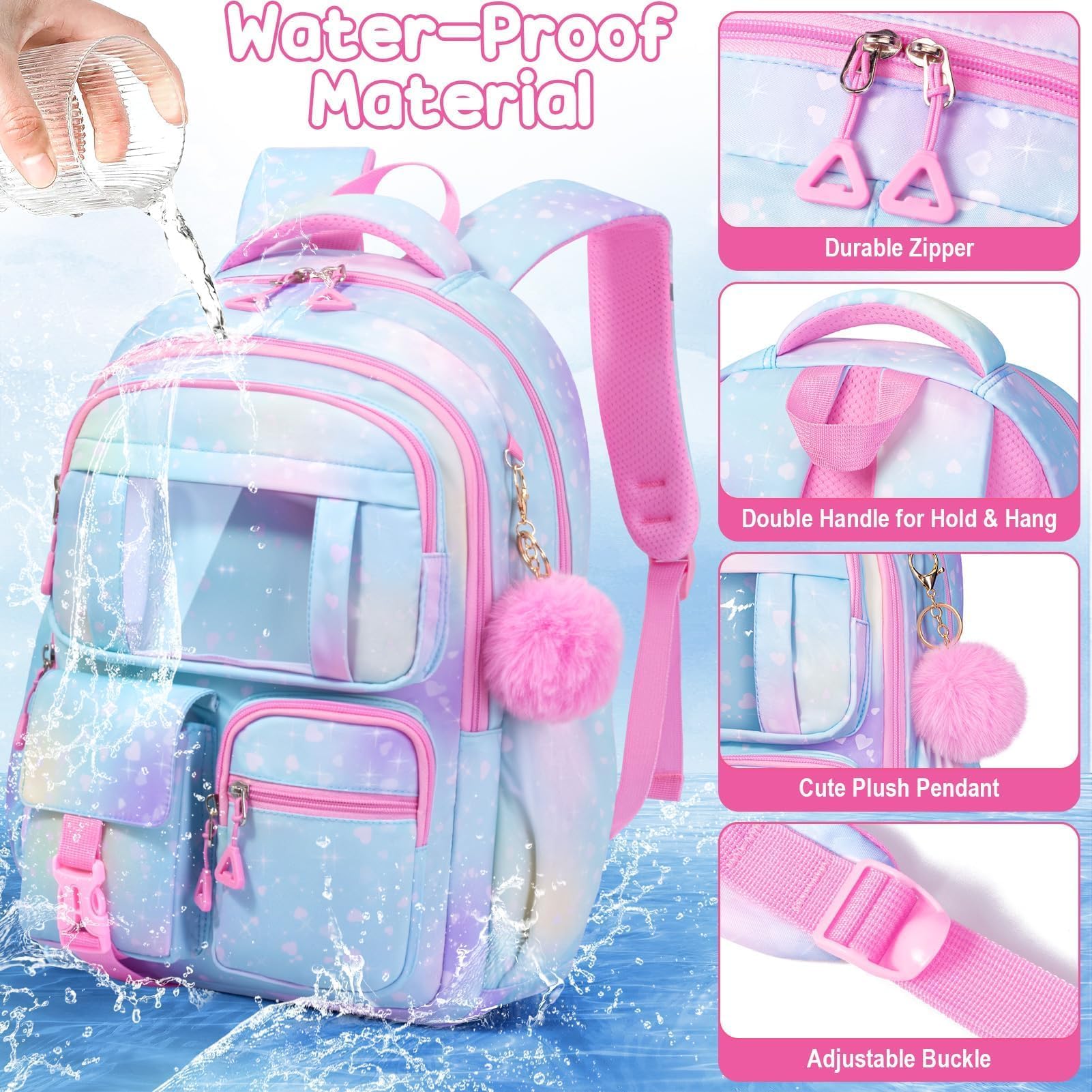 Fimibuke Kids Backpack for School Girls, 3Pcs Waterproof Girls Backpack with Lunch Box & Pencil Pouch - Lightweight Bookbag for Elementary Middle School Student Teens Ages 6+ Purple
