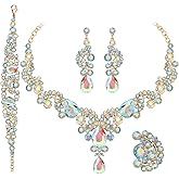 Paxuan Crystal Bridal Wedding Jewelry Sets for Women Rhinestone Teardrop Crystal Statement Choker Necklace Drop Earrings Link Bracelets Rings Teardrop Jewelry Set for Brides Bridesmaids