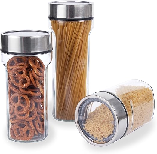 Amazon Com Elemental Kitchen Glass Food Storage Container Set W Stainless Steel Date Dial Lids 3 Piece Set Kitchen Dining