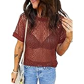 EVALESS Womens Spring Summer Tops Casual Lace Tops Crewneck Short Sleeve Shirts Cut Out T Shirts Sheer Crochet Beach Cover Up