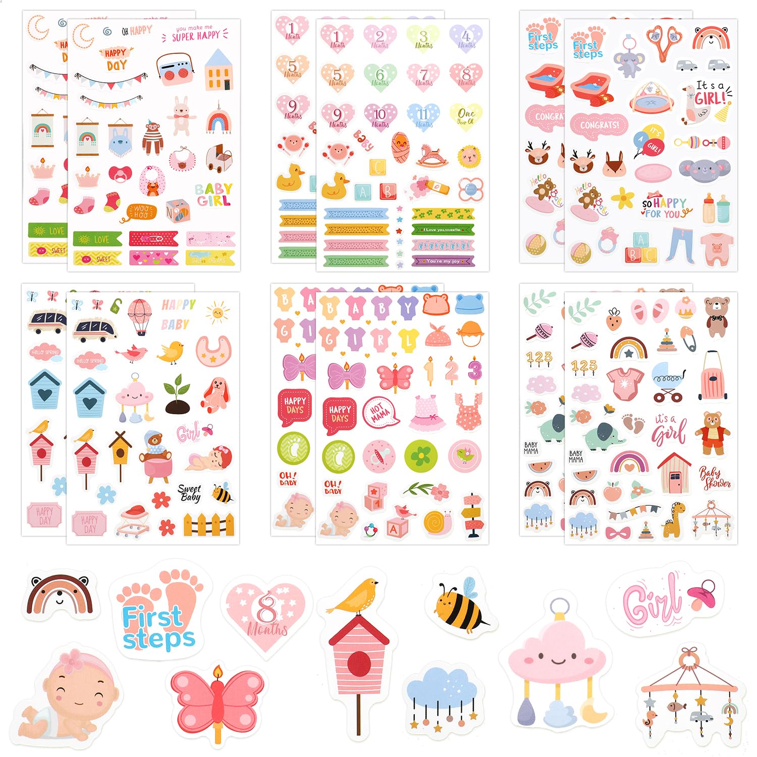 Photo 1 of 12 Sheets Baby Girl Stickers for Scrapbooking, Cute Baby Scrapbook Decal Baby Stickers Newborn Scrapbook Stickers Baby Calendar Stickers for Cards Scrapbook Supplies Envelope Decoration