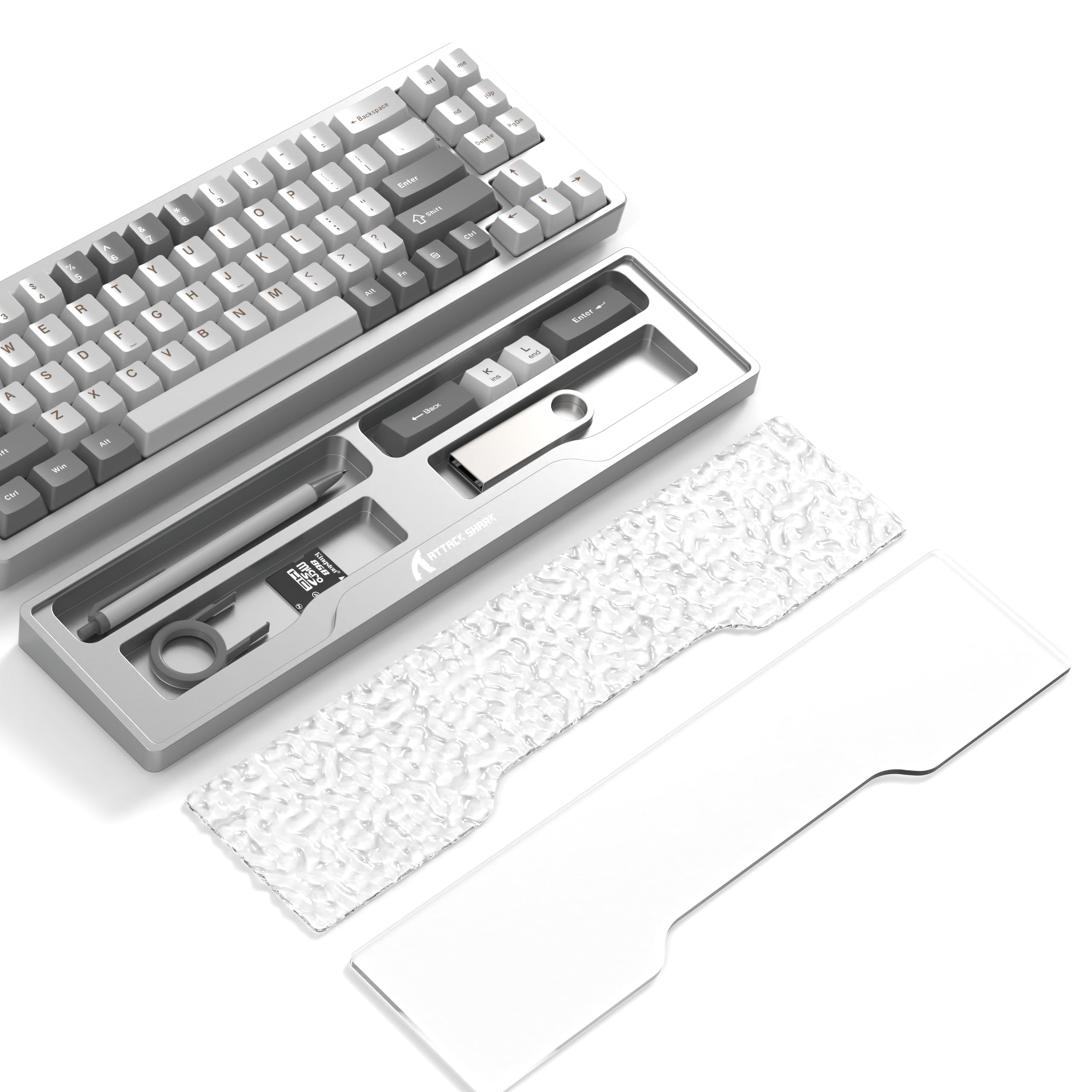 ATTACK SHARK CNC Aluminum Alloy Keyboard Wrist Rest with Partition Storage Case, 2 Acrylic Translucent Top Covers, Ergonomic Non-Slip Support for TKL Mechanical Keyboards, Ideal for Office/Home-Silver