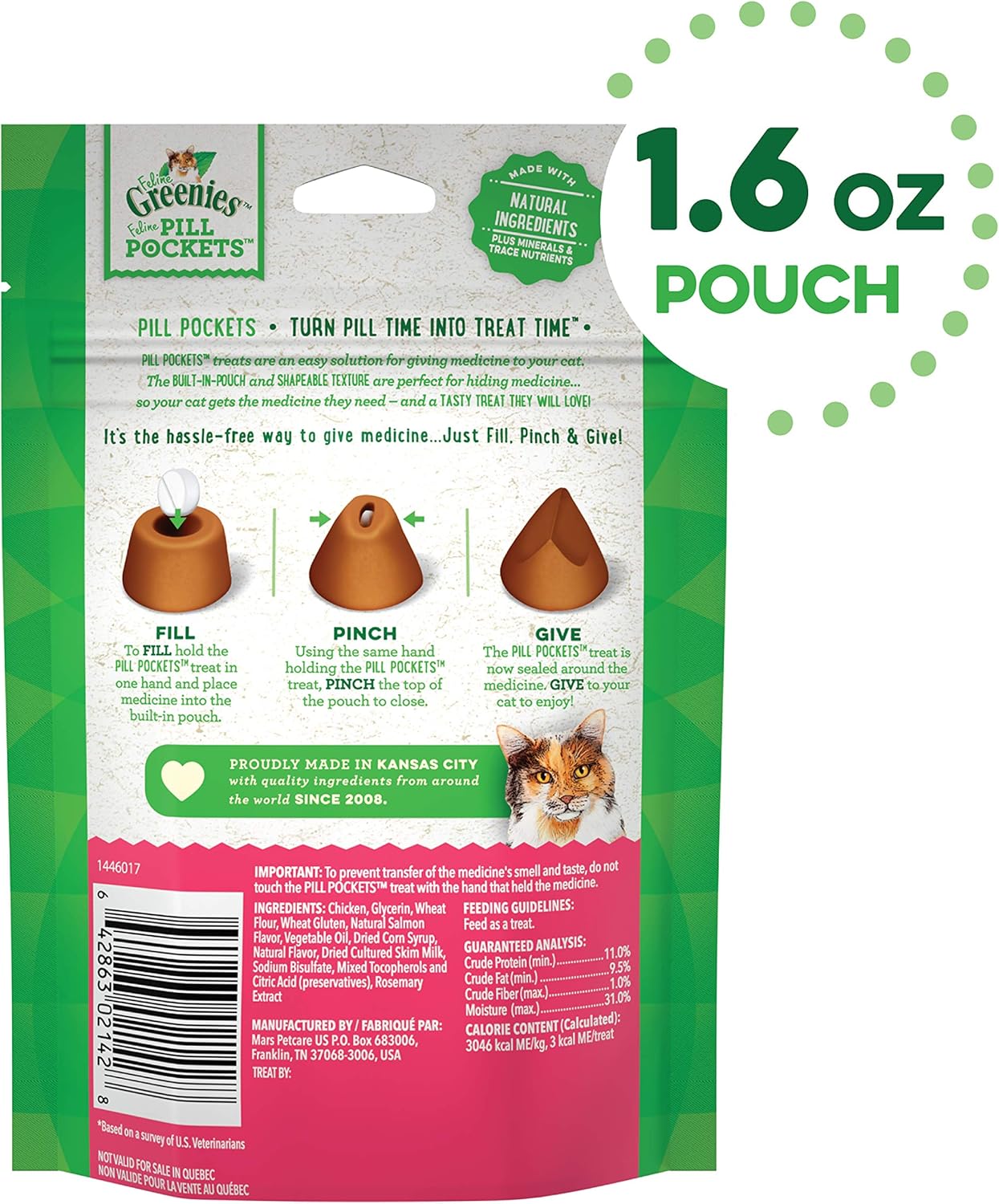 FELINE GREENIES PILL POCKETS for Cats Natural Soft Cat Treats, Salmon Flavor, 1.6 oz. Pack (45 Treats) : Pet Snack Treats : Pet Supplies