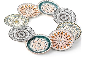 Foraineam 8 Pieces Salad Plates, 8.5 Inch Porcelain Floral Dessert Plates, Colorful Round Lunch Plate Sets for Appetizer Sala