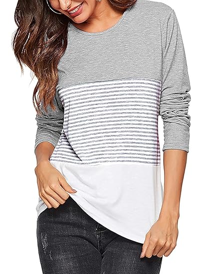 AMORETU Oberteile Damen Langarm Farbblock Bluse T-Shirt