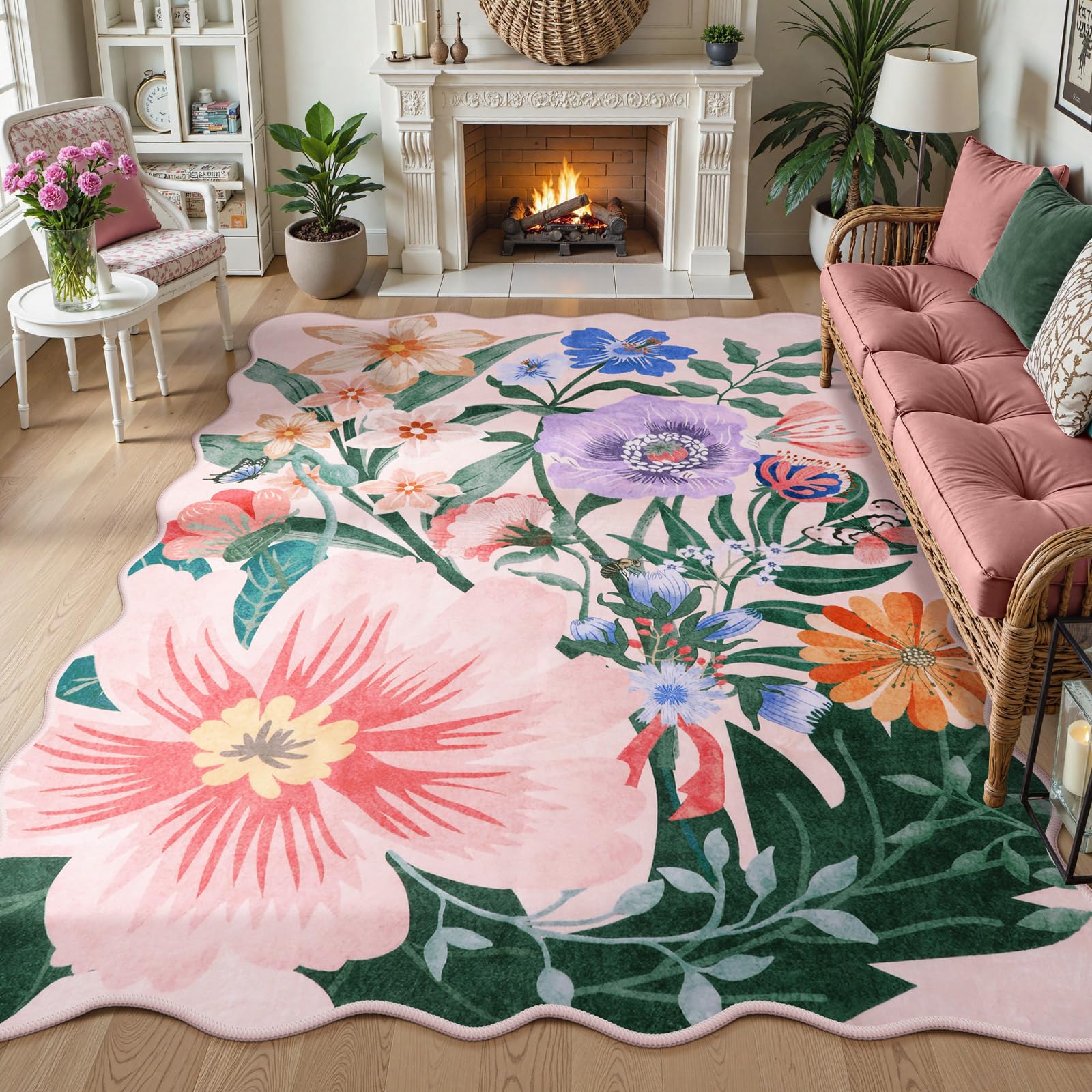 Photo 1 of Wonnitar Washable 5x7 Area Rugs for Living Room, Pink Floral Rugs for Bedroom Girls, Non-Slip Soft Botanical Scalloped Rug Carpet for Kids Nursery Room Bedside Dorm Home Decor(Pink,5'x7')