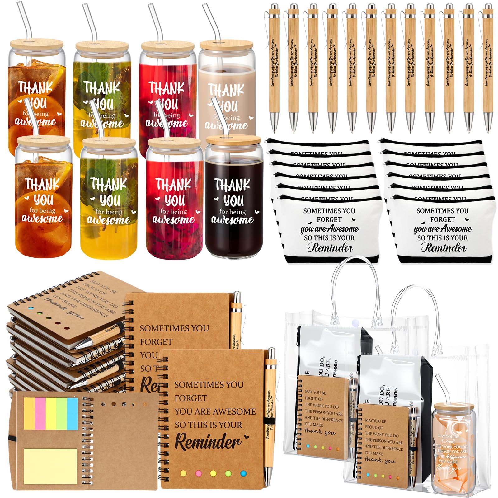 Photo 1 of Yeyeplum 12 Sets Employee Appreciation Gifts Bulk Glass Cup Inspirational Makeup Bag Pen Notebook and Bag for Back to School Housekeeping Week Teacher Volunteer Staff(Thank You)