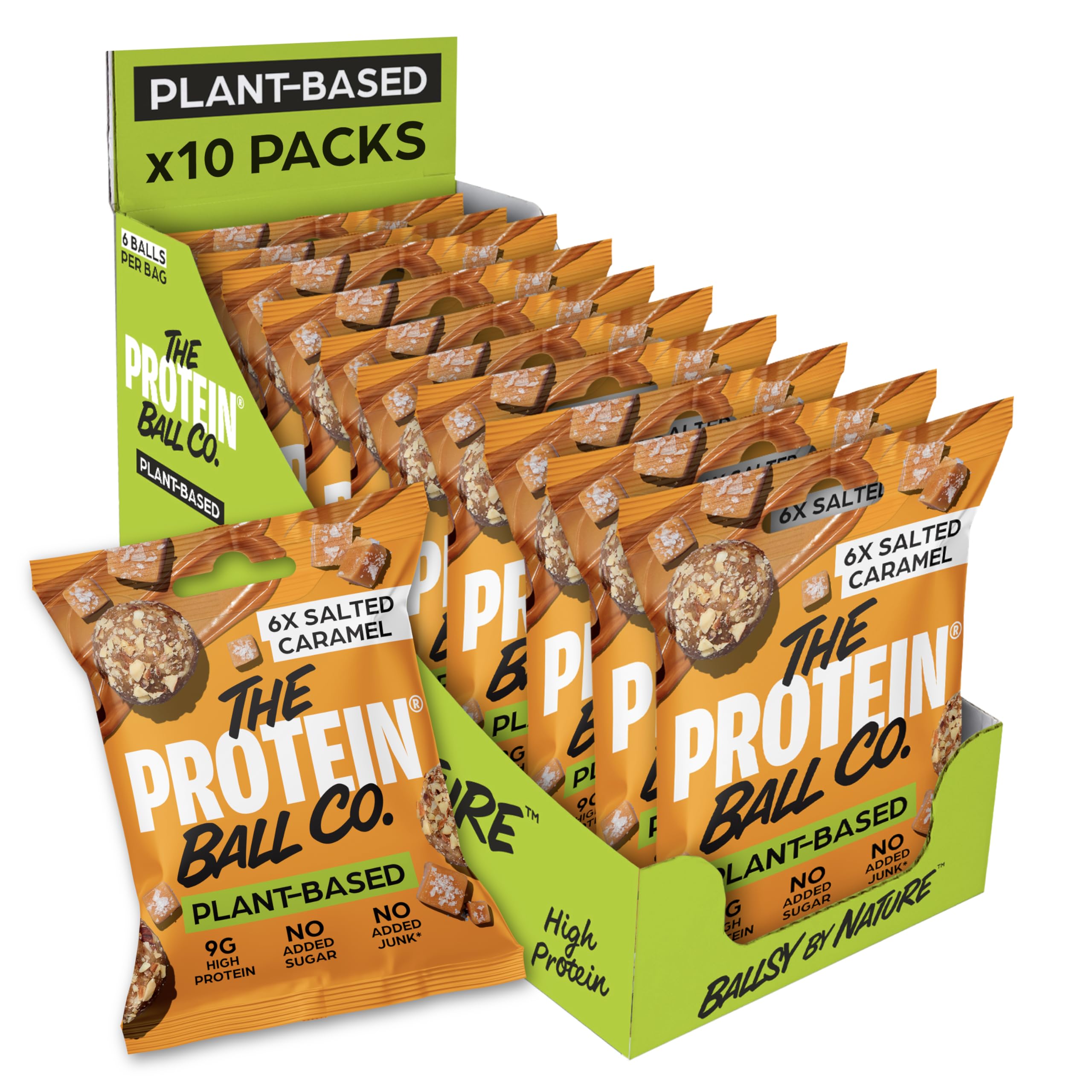 The Protein Ball Co Salted Caramel Plant Protein Balls - Vegan Snack, Healthy Snacks, Gluten-Free, No Added Sugar - On-the-Go Energy Balls, Box of 10 Bags