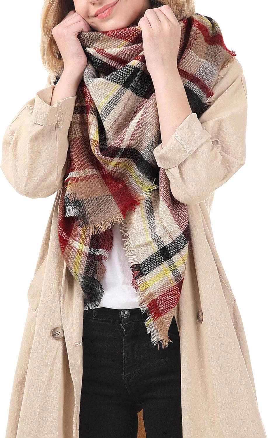 Trendy Women's Cozy Warm Winter Fall Blanket Scarf Stylish Soft Chunky Checked Giant Scarves Shawl Cape (One Size, Pink Scarf) at  Women’s Clothing store