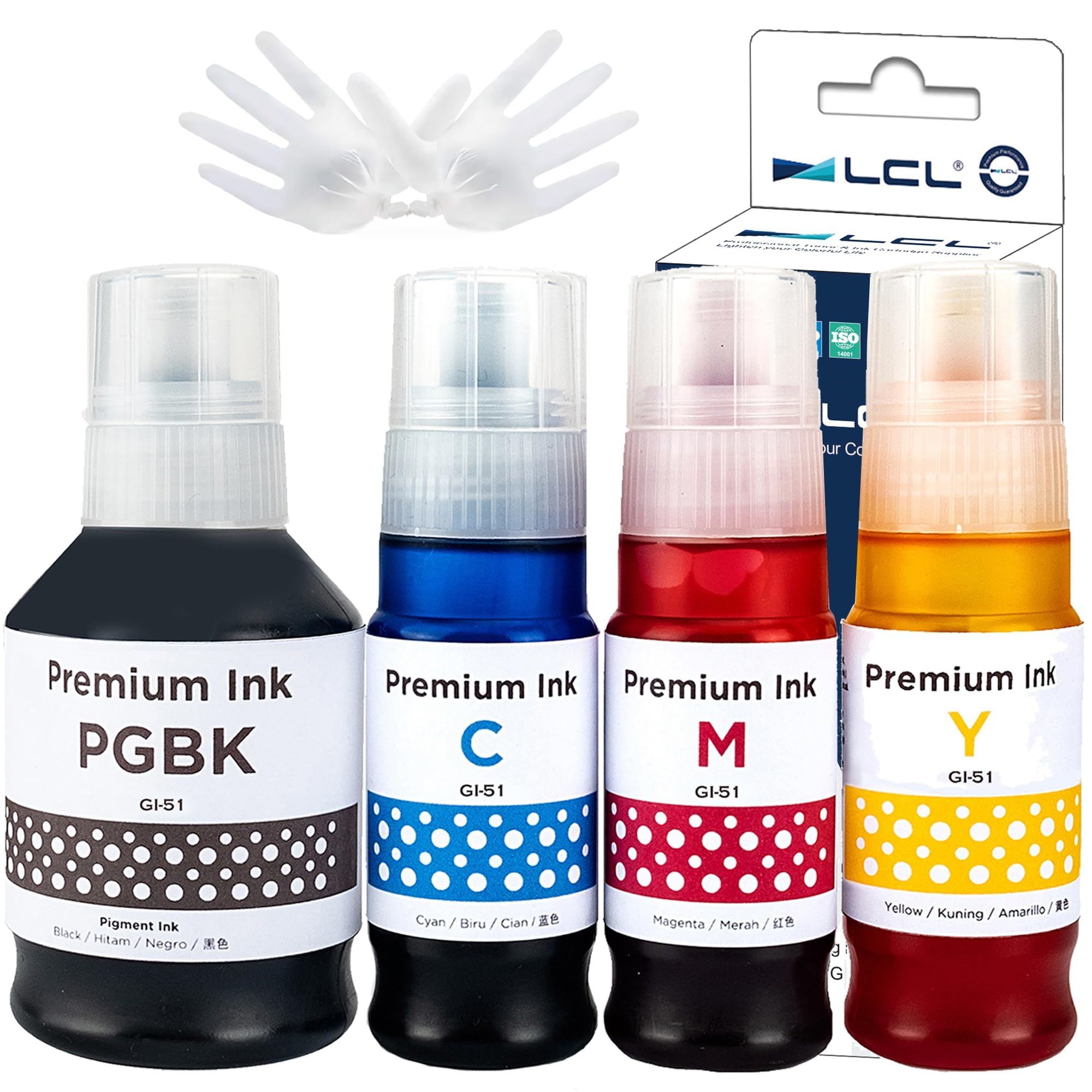 LCL Compatible Ink Bottle GI-51 GI-51PGBK GI-51C GI-51M GI-51Y Replacement for Canon Pixma G1520 G1560 Pixma G2520, Pixma G2560, Pixma G3520, Pixma G3560 G4570 (4PK Black CMY)